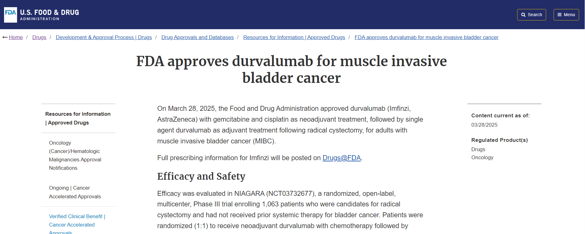 FDA 批准度伐利尤单抗用于治疗肌层浸润性膀胱癌