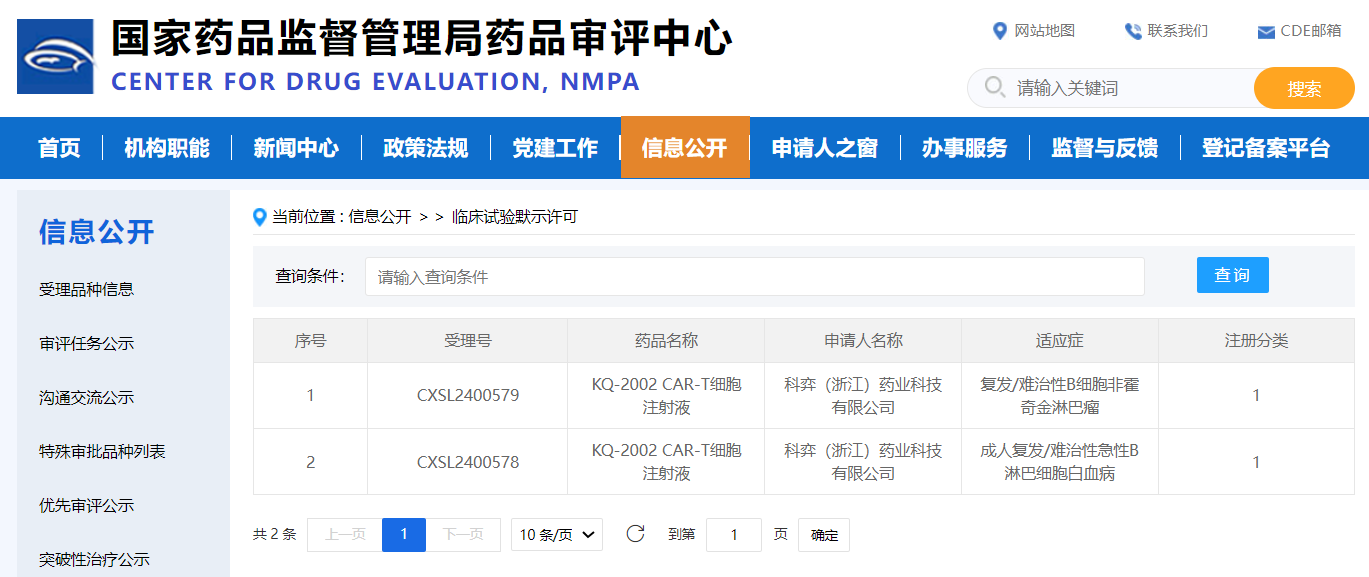 科弈药业KQ-2002 CAR-T细胞注射液获得CDE临床试验默示许可