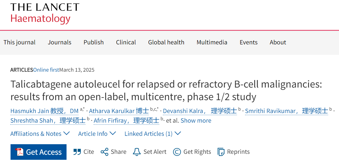 CAR-T细胞疗法talicabtagene autoleucel 用于复发或难治性 B 细胞恶性肿瘤患者的 1/2 期研究结果登《柳叶刀》