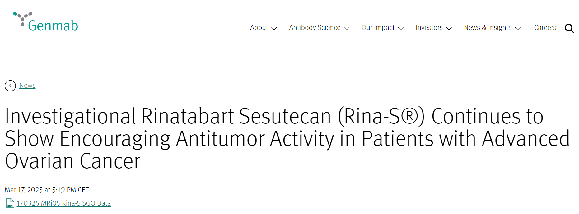 在研 Rinatabart Sesutecan （Rina-S®） 在晚期卵巢癌患者中继续显示出令人鼓舞的抗肿瘤活性
