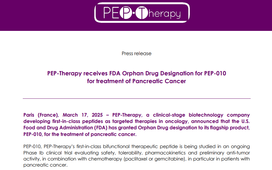 PEP-010 用于治疗胰腺癌获得 FDA 孤儿药资格认定